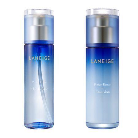 蘭芝完美新生醒肌露與完美新生導入液，展示其提供肌膚水嫩感的特性，背景是蘭芝品牌的高端設計。